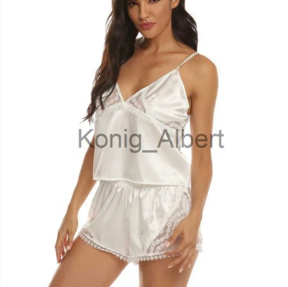 Lulus Sweetest Dreams white  Satin Ruffled Two-Piece Pajama Set sz.M